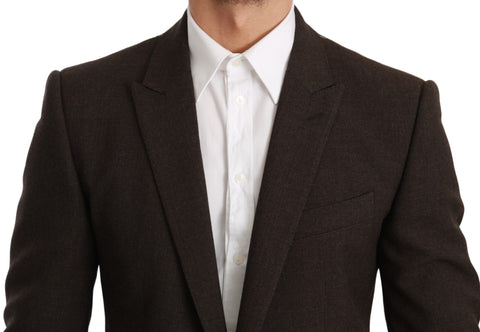 Dolce & Gabbana brown slim fit coat jacket, stylish blazer with tailored design and classic lapel, displayed on a hanger.