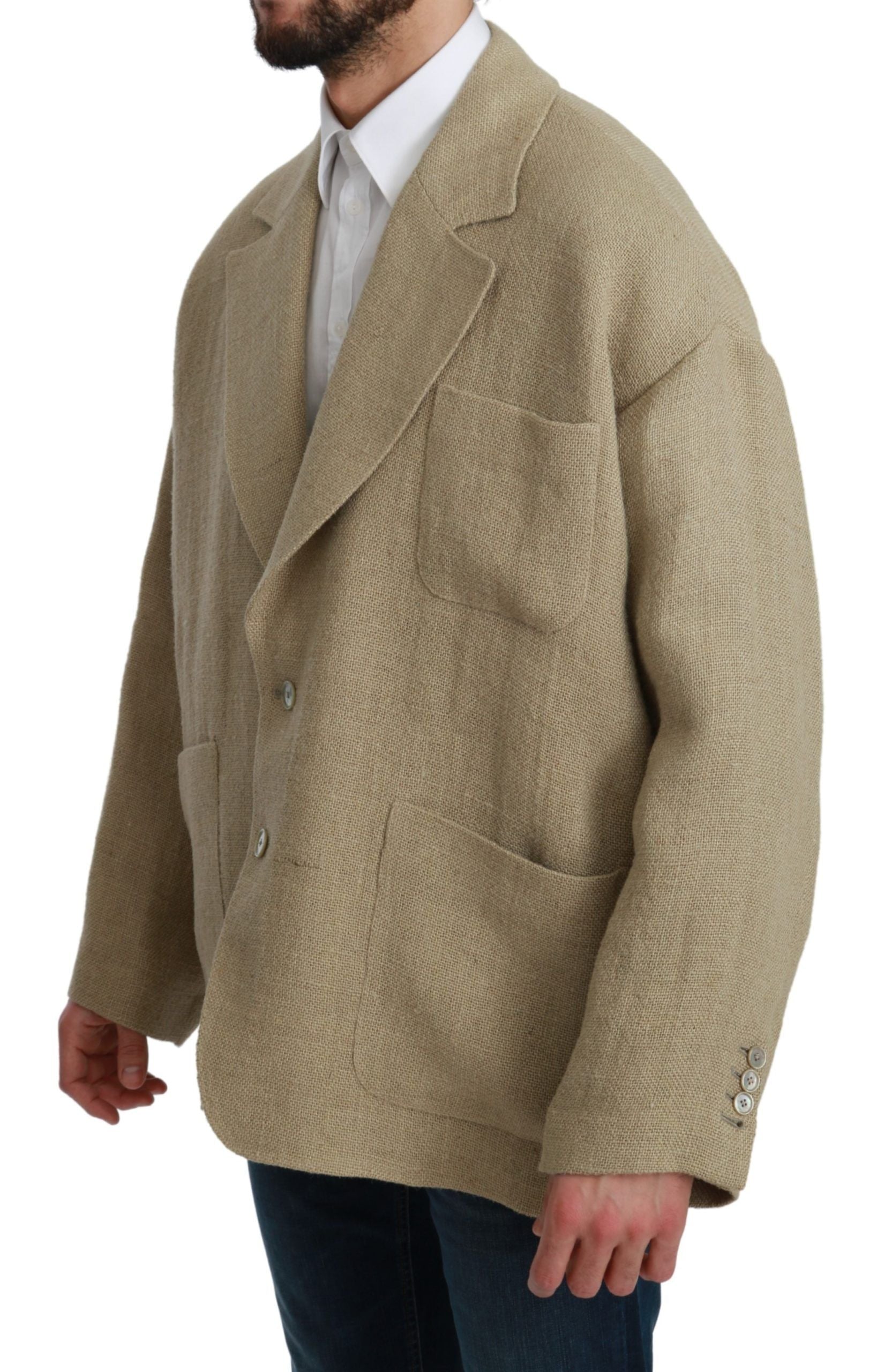 Beige Dolce & Gabbana jute blazer coat with tailored fit and lapel collar, shown on a model.