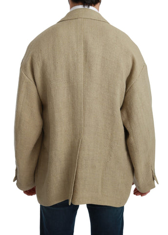 Beige Dolce & Gabbana jute blazer coat displayed on a hanger, showing its tailored fit and textured fabric.
