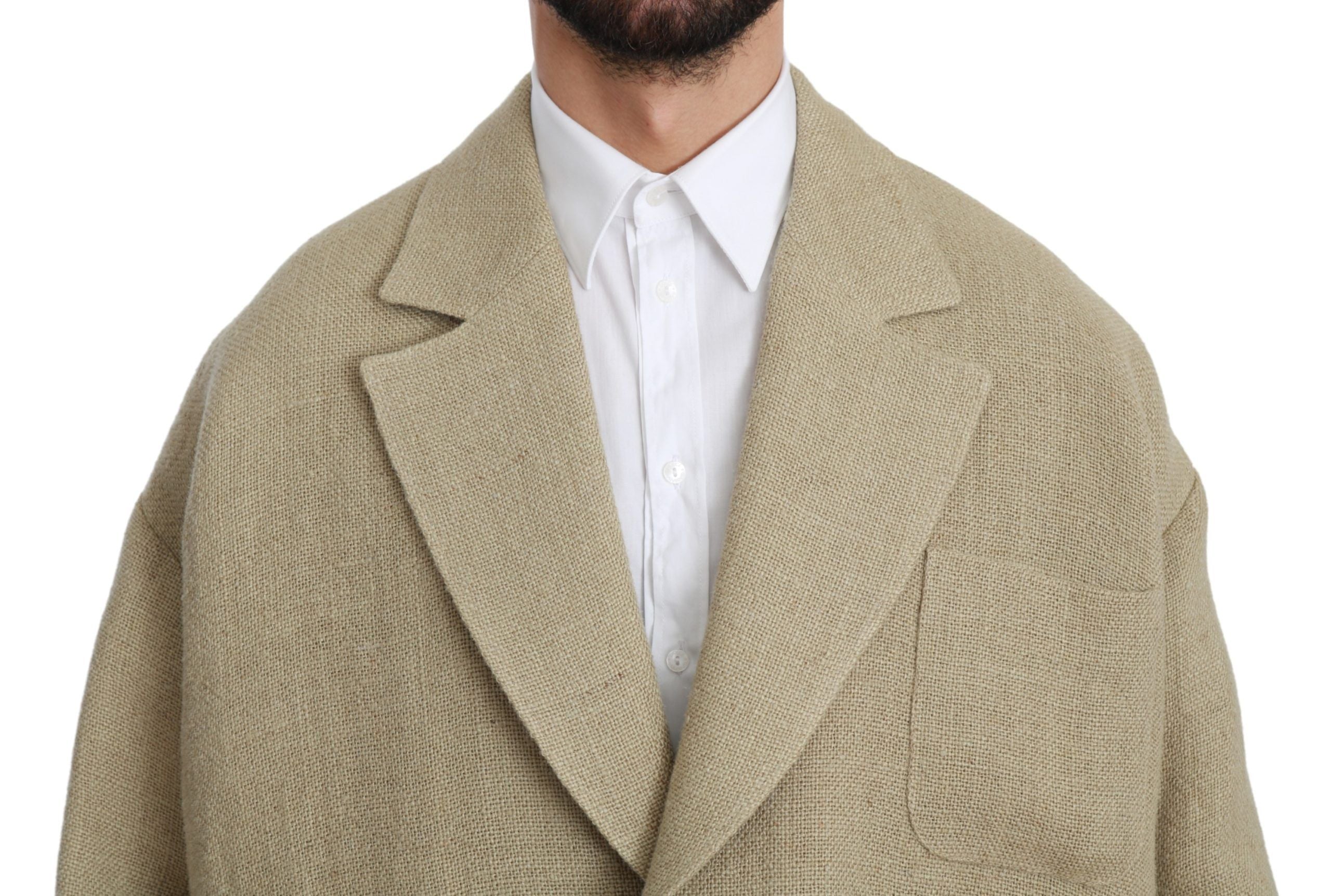Beige Dolce & Gabbana jute blazer coat featuring a tailored fit and classic design, stylishly displayed on a hanger.