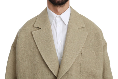Beige Dolce & Gabbana jute blazer coat featuring a tailored fit and classic design, stylishly displayed on a hanger.