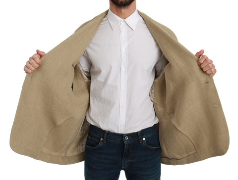 Beige jute blazer coat by Dolce & Gabbana, stylish jacket with tailored fit and textured fabric, front view.