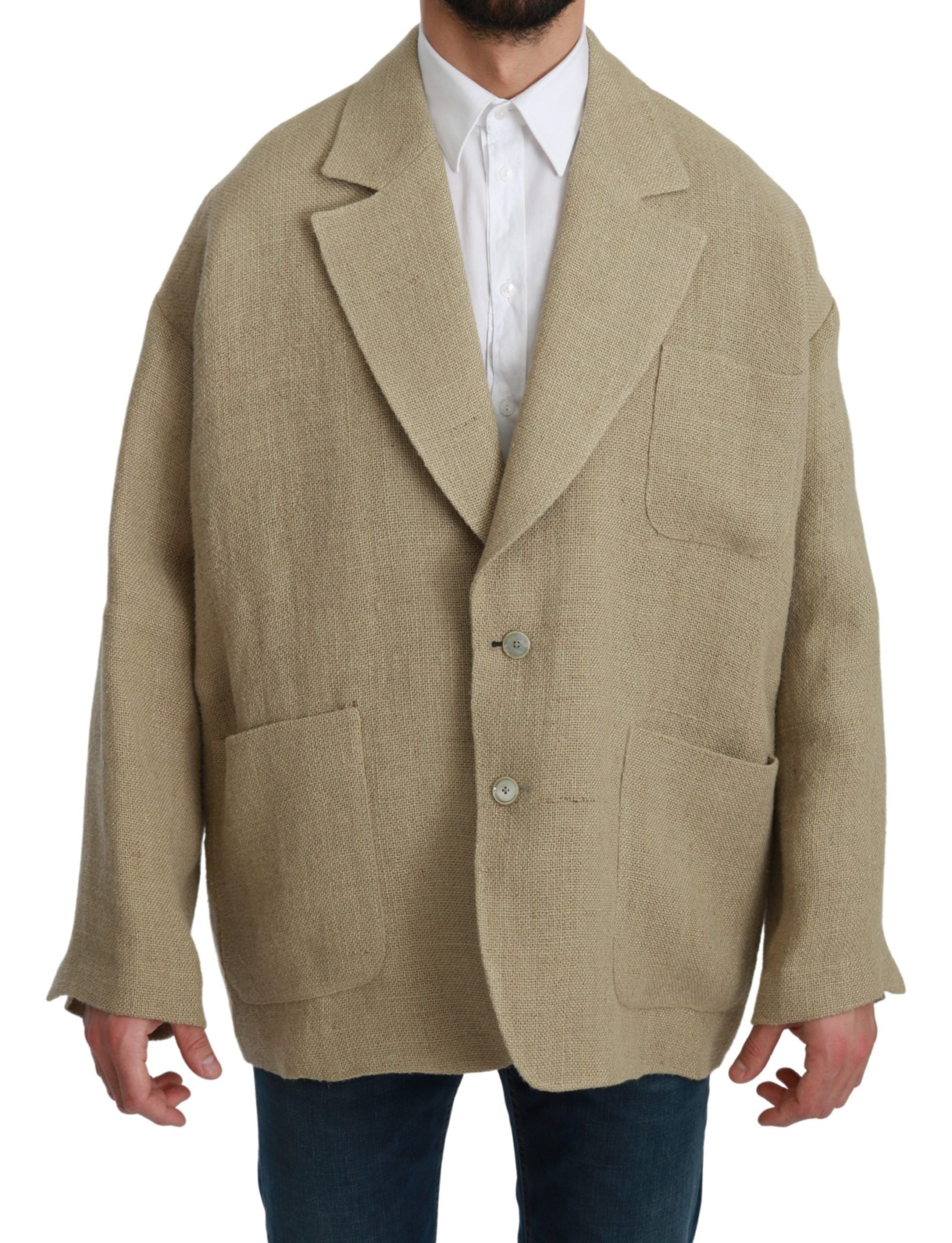 Beige Dolce & Gabbana jute blazer coat with collar and long sleeves, stylish and lightweight for casual or formal wear.