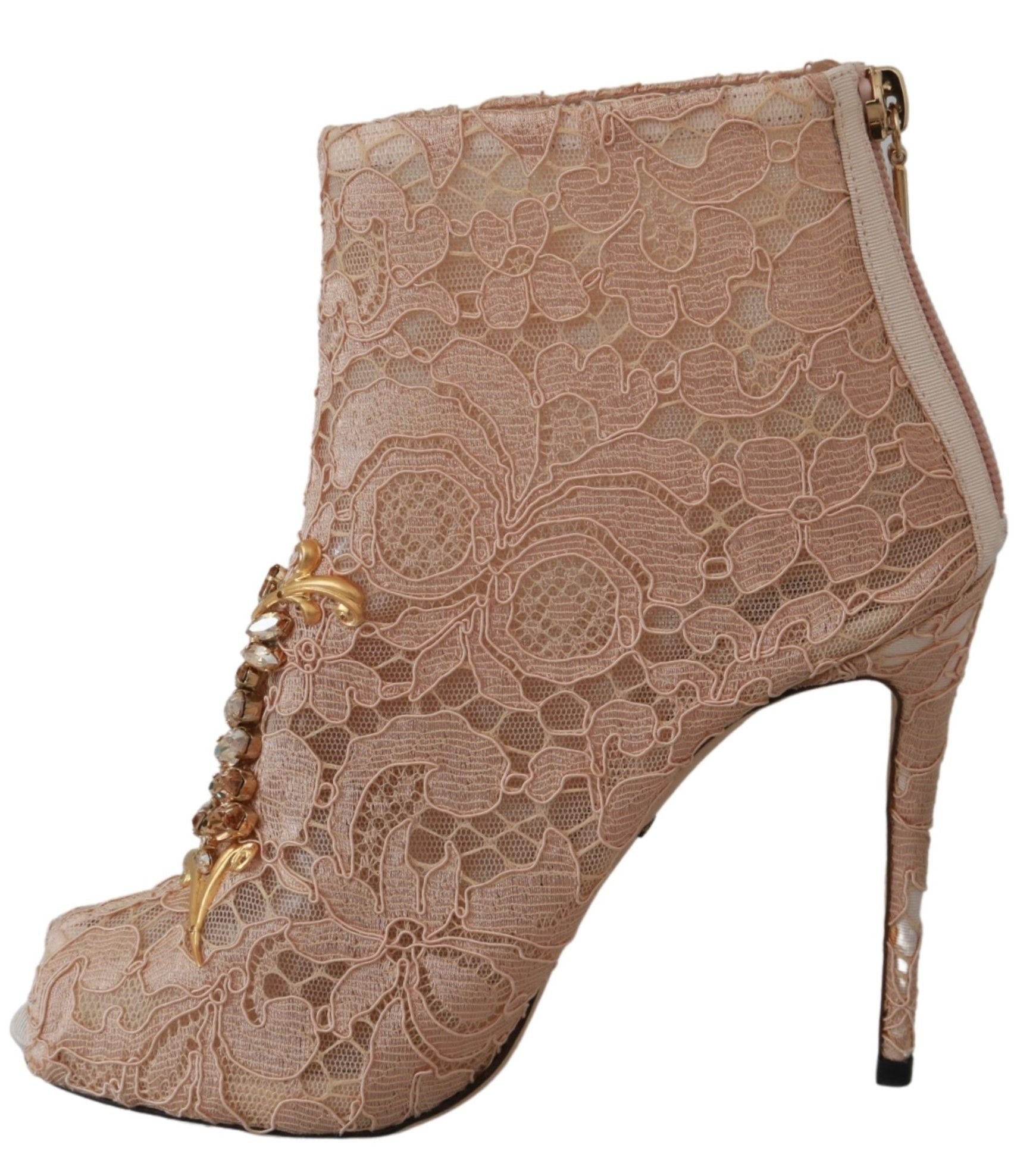 Pink crystal lace Dolce & Gabbana stiletto booties with lace-up design and high heels.