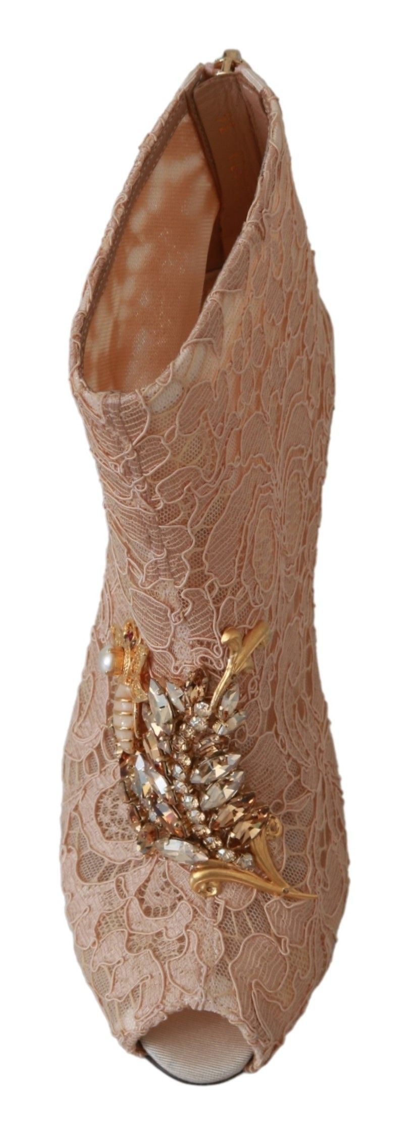 Pink crystal lace Dolce & Gabbana stiletto booties with intricate lace and sparkling embellishments, stylish footwear for elegant occasions.