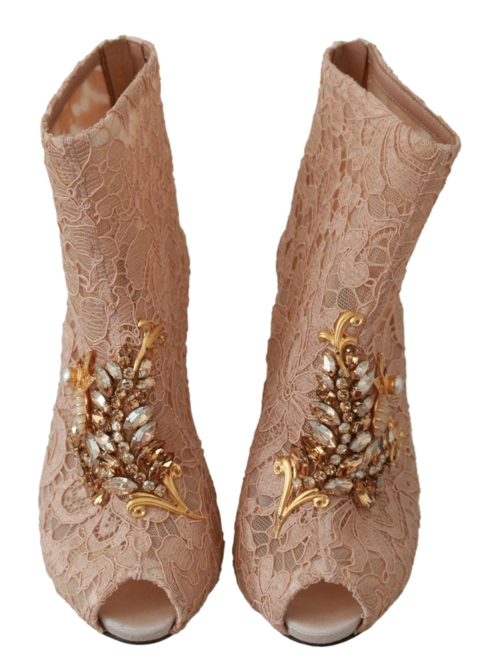 Pink crystal lace Dolce & Gabbana stiletto booties with intricate lace details and sparkling crystal embellishments.