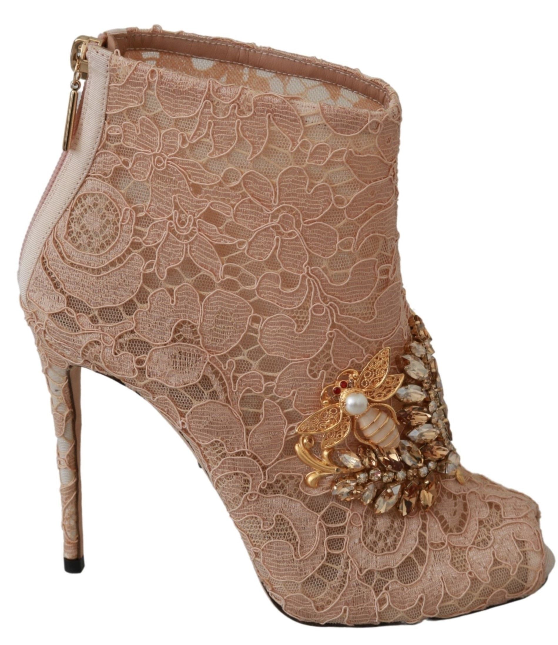 Pink crystal lace stilettos shoes by Dolce & Gabbana featuring intricate lace details and high heel design.