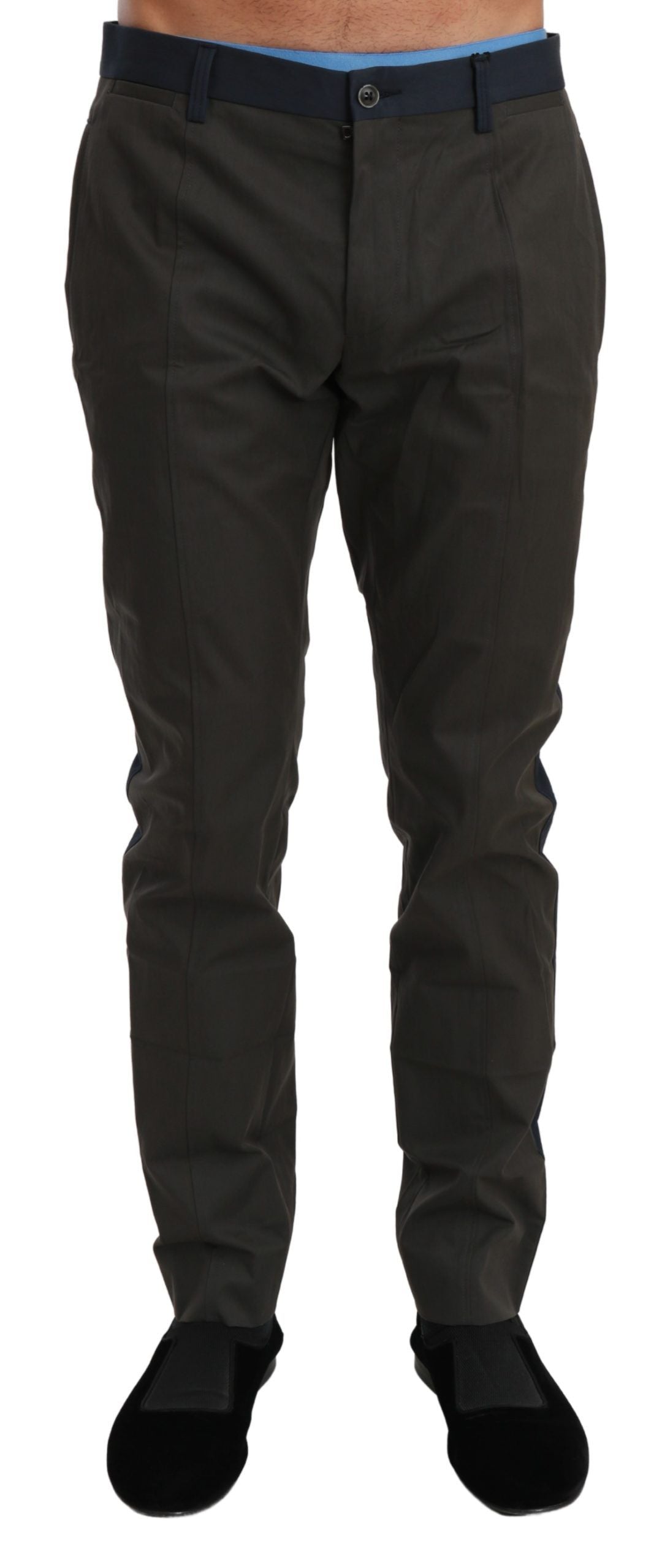 Blue and gray striped cotton trousers by Dolce & Gabbana, tailored men's pants with classic stripe pattern.