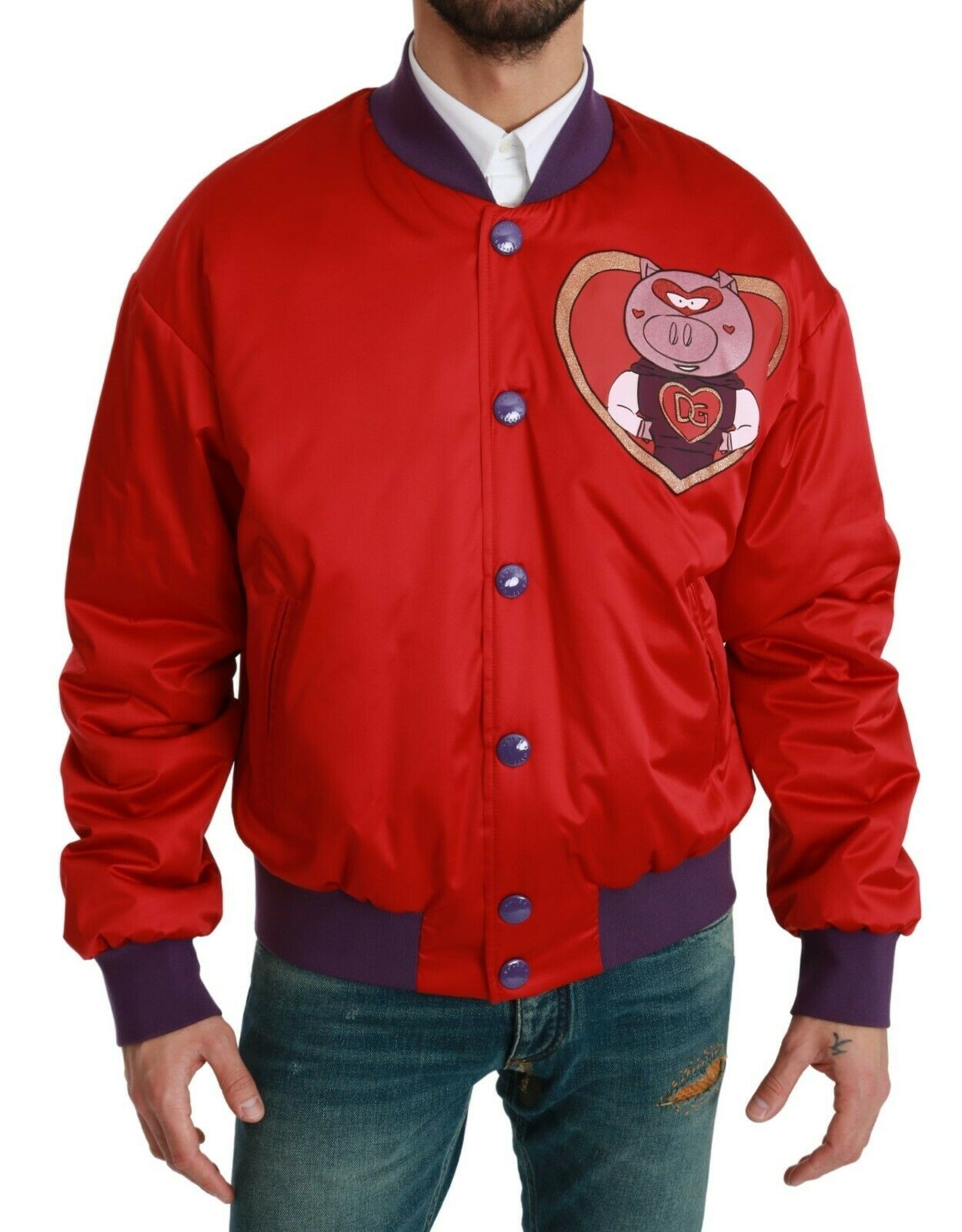 Red Dolce & Gabbana Year of the Pig bomber jacket with embroidered pig design and ribbed cuffs, front zipper closure.