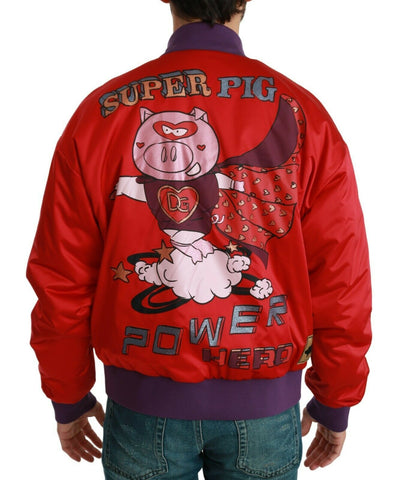Red Dolce & Gabbana Year of the Pig bomber jacket with embroidered pig design and ribbed cuffs, front zipper closure.