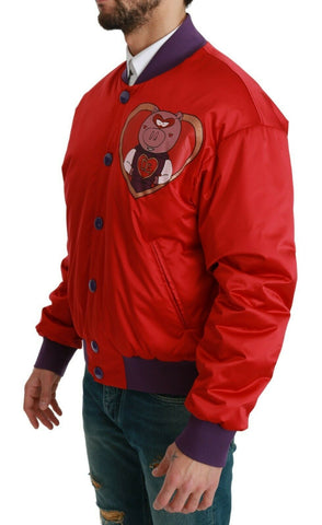 Red Dolce & Gabbana Year of the Pig bomber jacket with embroidered pig design and ribbed collar and cuffs.