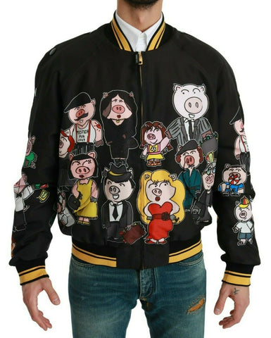 Black Dolce & Gabbana Year of the Pig bomber jacket with detailed embroidery and ribbed cuffs, front zipper closure.