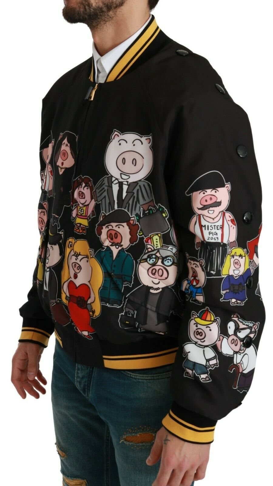 Black Dolce & Gabbana Year of the Pig bomber jacket featuring embroidered pig design and ribbed cuffs, front zipper, and stylish fit.