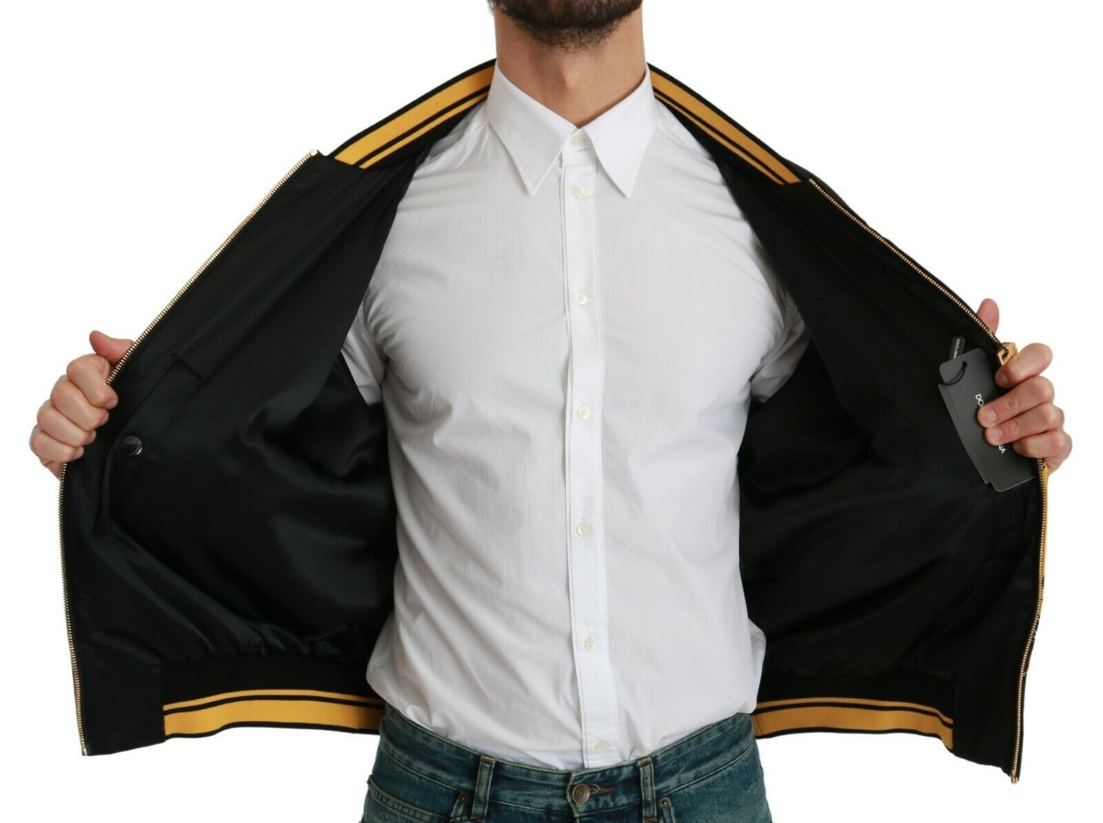 Black Dolce & Gabbana Year of the Pig bomber jacket with detailed pig embroidery on the front and ribbed cuffs.