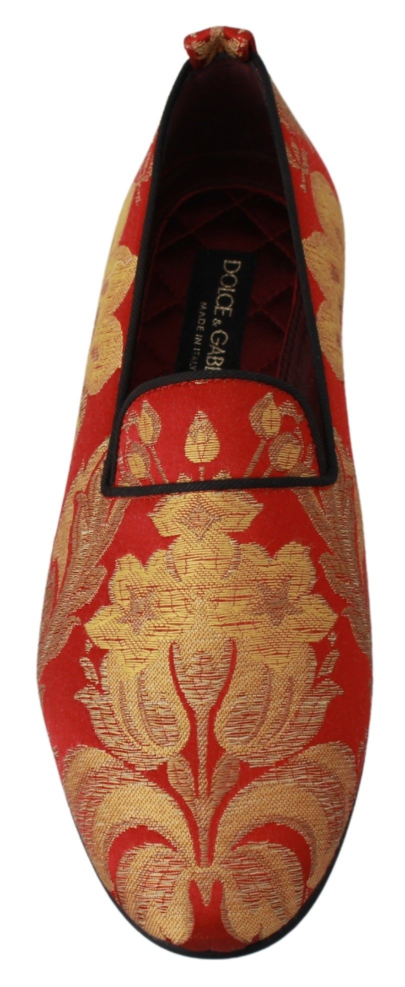 Red gold brocade loafers by Dolce & Gabbana featuring intricate fabric and classic slip-on design.