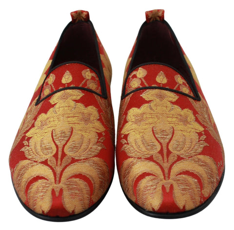 Red gold brocade Dolce & Gabbana loafers with slip-on design and elegant pattern, stylish women's slippers for sophisticated look.