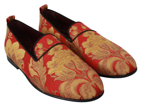 Red gold brocade slippers loafers shoes by Dolce & Gabbana, featuring luxurious fabric and elegant design.