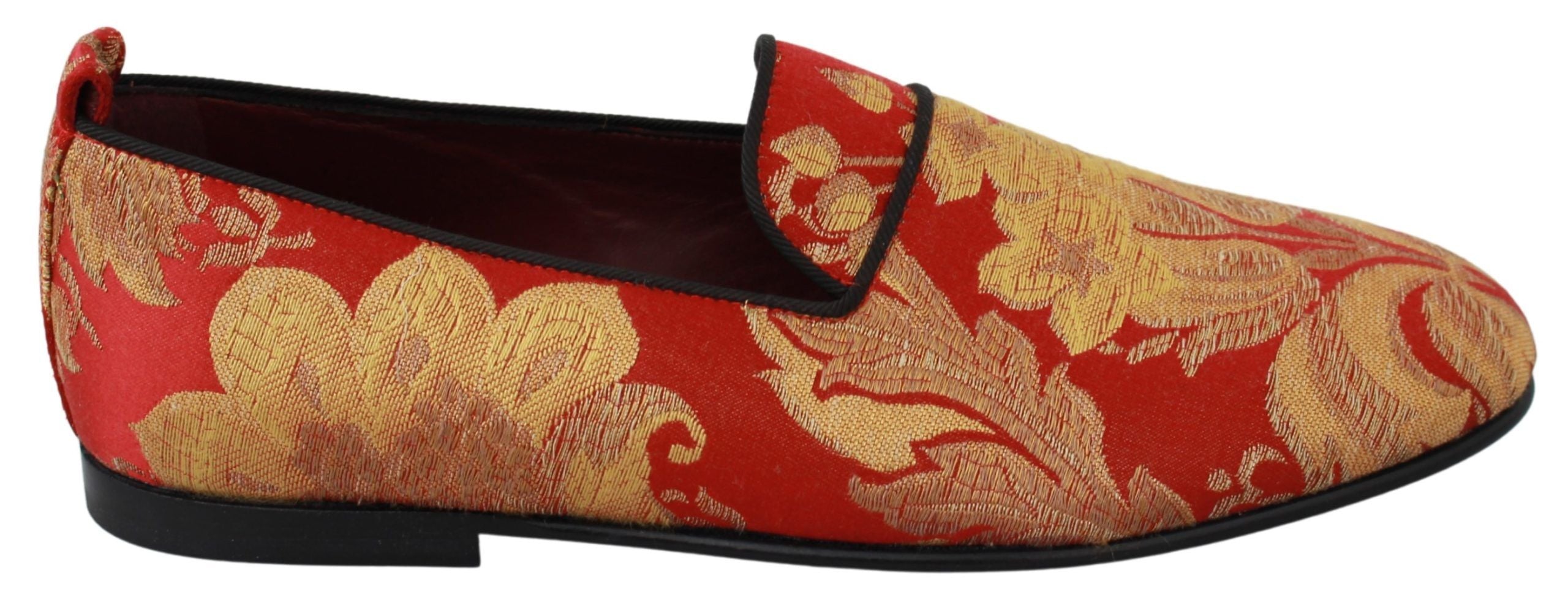 Red gold brocade slippers loafers by Dolce & Gabbana, featuring luxurious embroidered fabric and classic slip-on design.