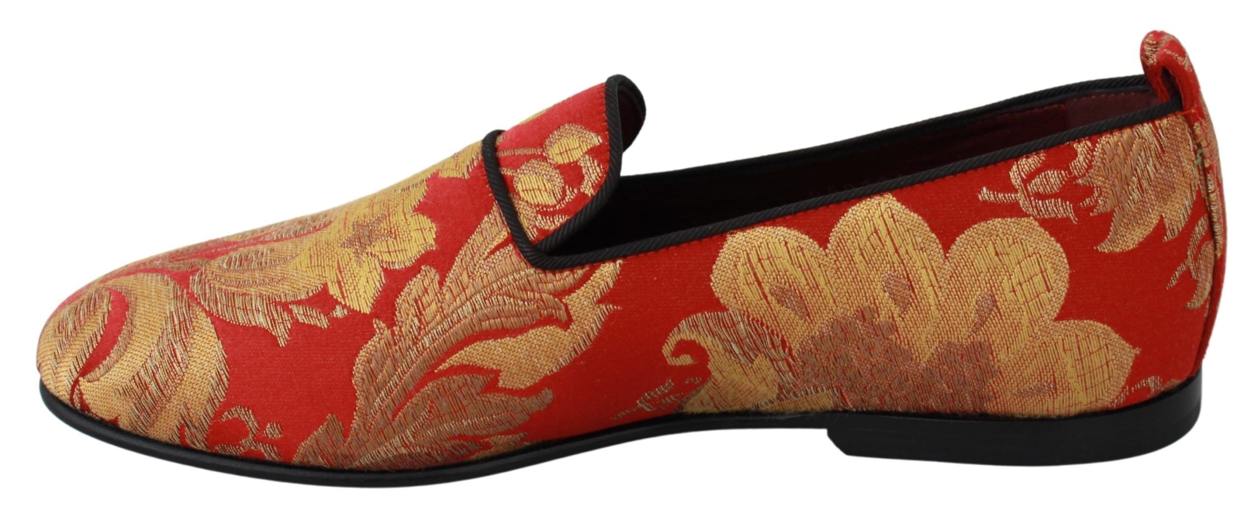 Red gold brocade Dolce & Gabbana loafers with slip-on design and elegant embroidery, showcasing luxurious footwear style.