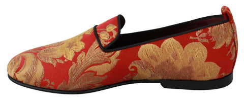 Red gold brocade Dolce & Gabbana loafers with slip-on design and elegant embroidery, showcasing luxurious footwear style.