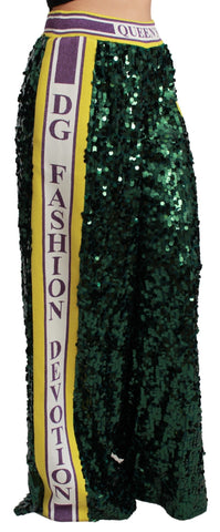 Green sequin trousers from Dolce & Gabbana Queens Angel Pants collection, featuring sparkling sequins and a tailored fit.