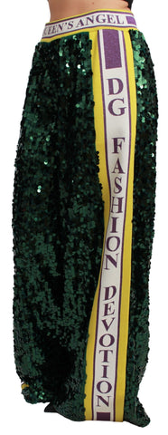 Green sequin trousers from Dolce & Gabbana Queens Angel Pants collection, featuring sparkling sequin embellishments and a tailored fit.