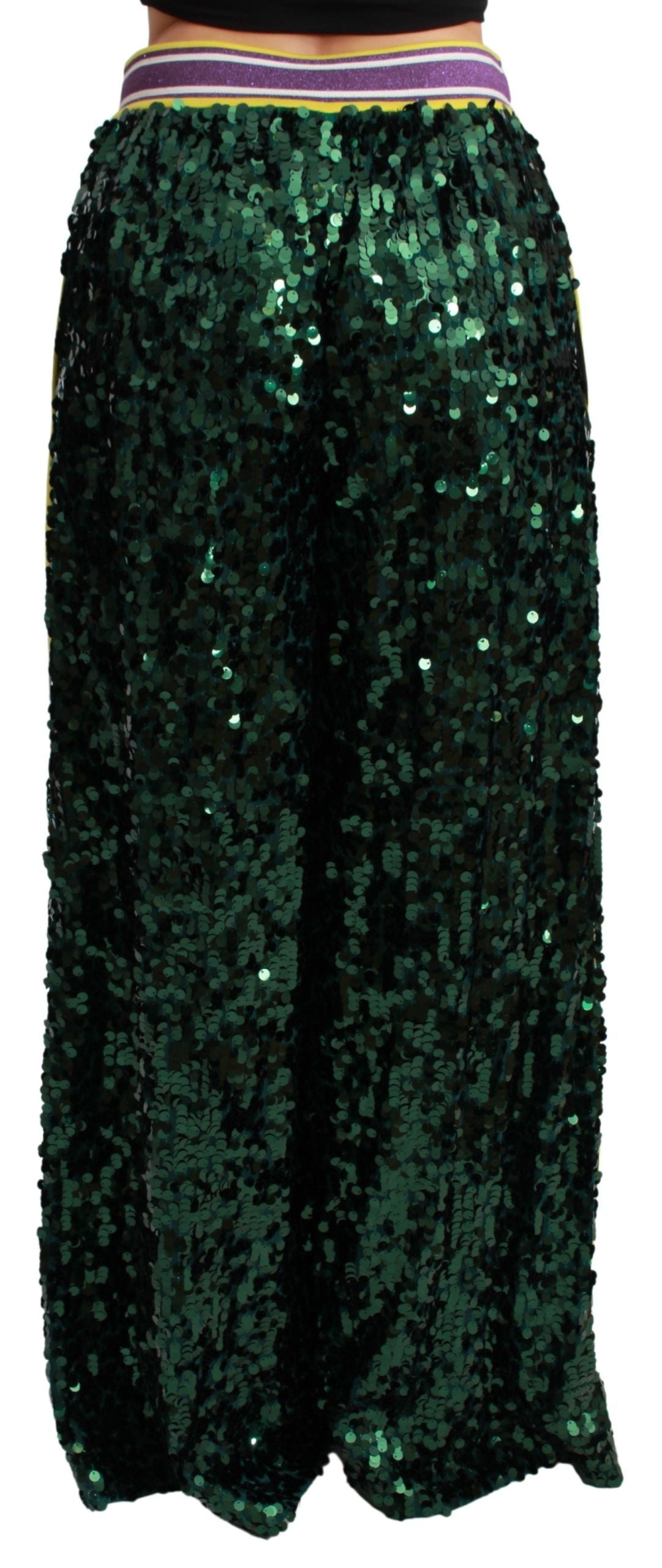 Green sequin trousers with a high waist and wide-leg fit from Dolce & Gabbana Queens Angel Pants collection.