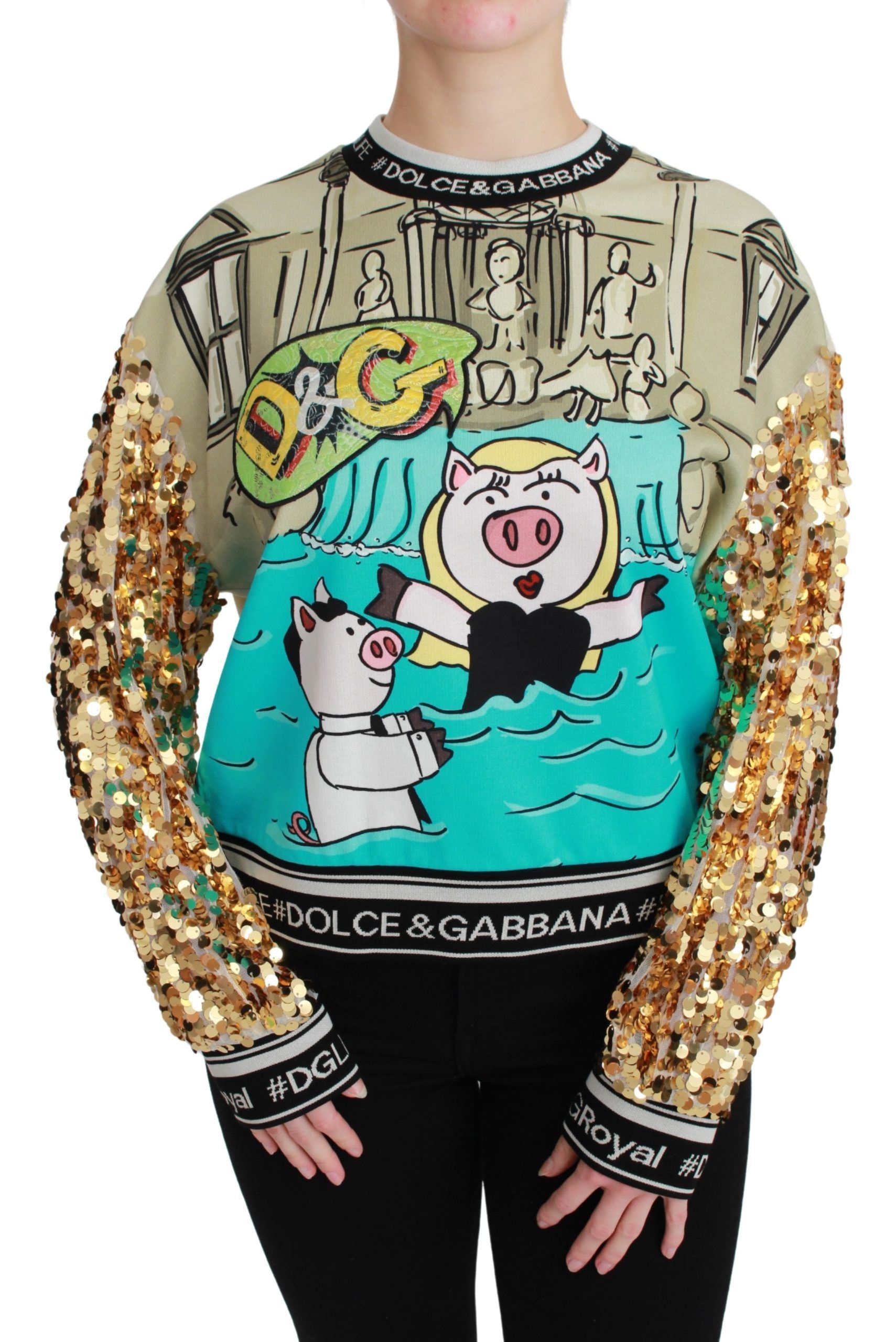 Dolce & Gabbana Year of the Pig sequined top sweater featuring shiny pig design on a stylish knit fabric.