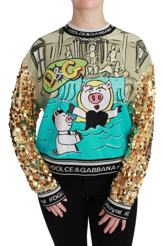 Dolce & Gabbana Year of the Pig sequined top sweater featuring shiny pig design on a stylish knit fabric.