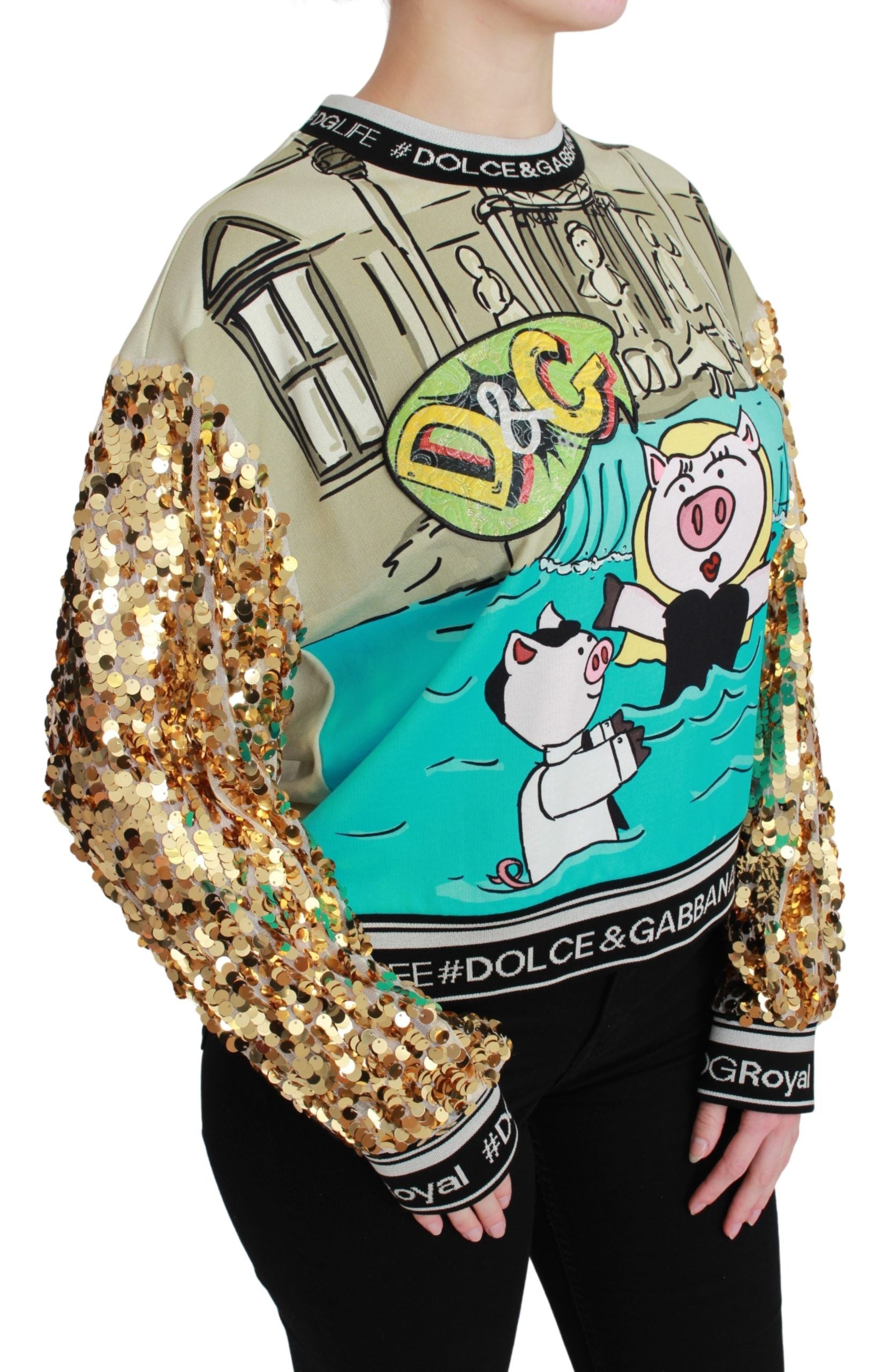Dolce & Gabbana Year of the Pig sequined sweater top with vibrant pig design and shimmering embellishments.