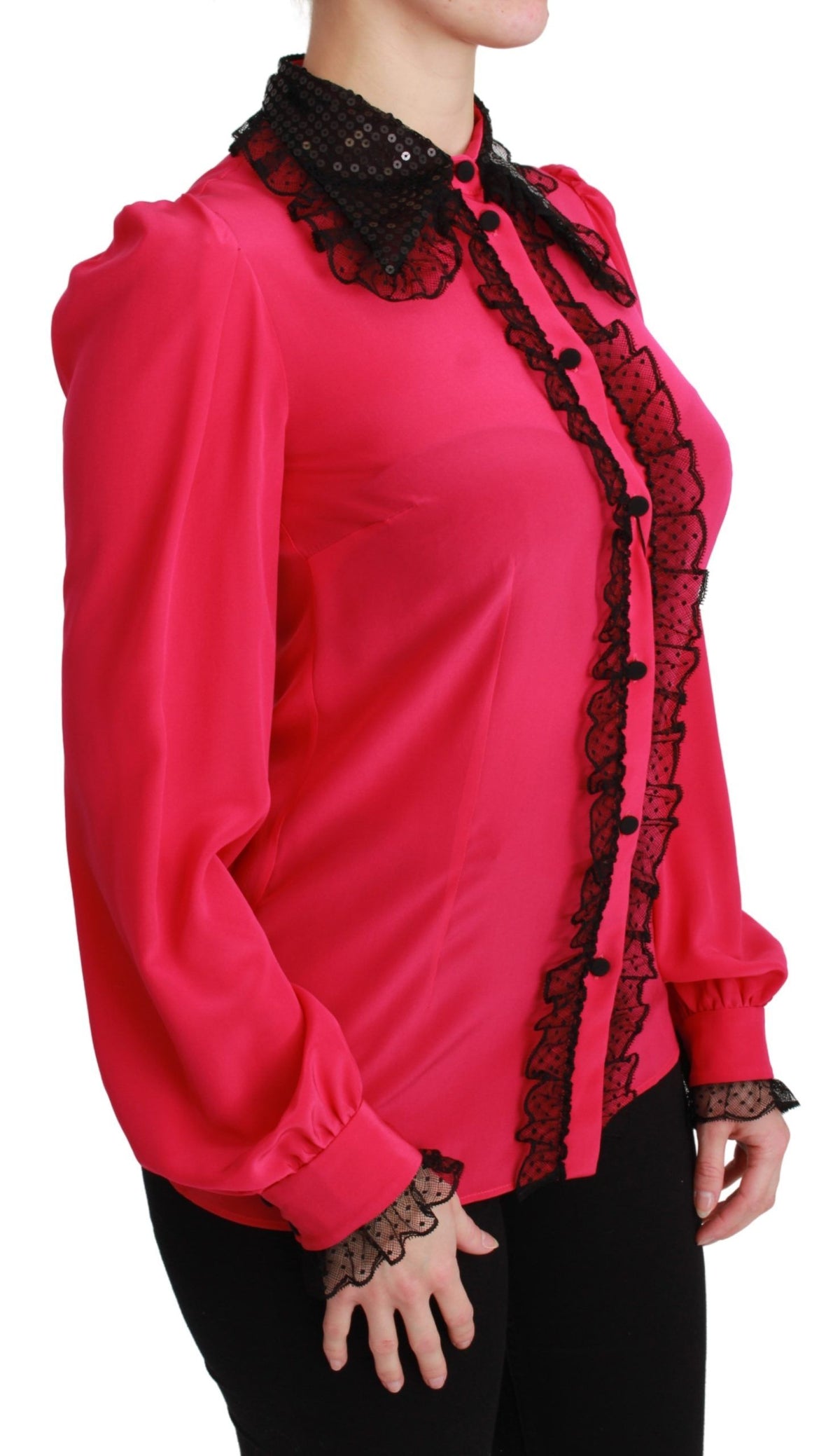Pink silk blouse with black sequin lace details, featuring a stylish shirt design from Dolce & Gabbana.