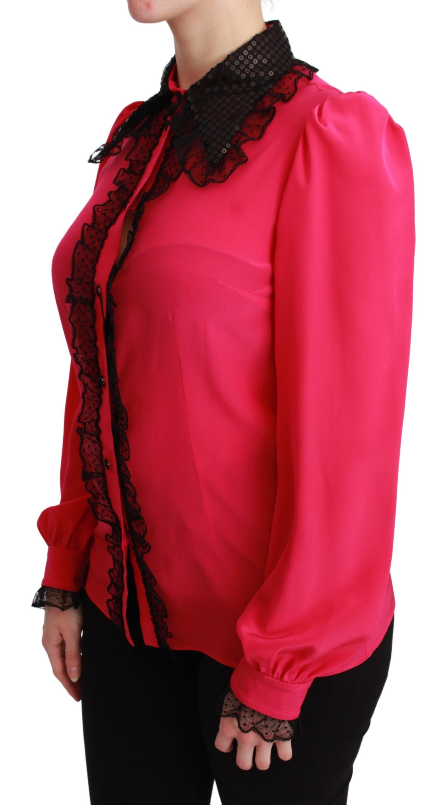 Pink silk blouse with black sequin lace details from Dolce & Gabbana, featuring a stylish and elegant shirt design.