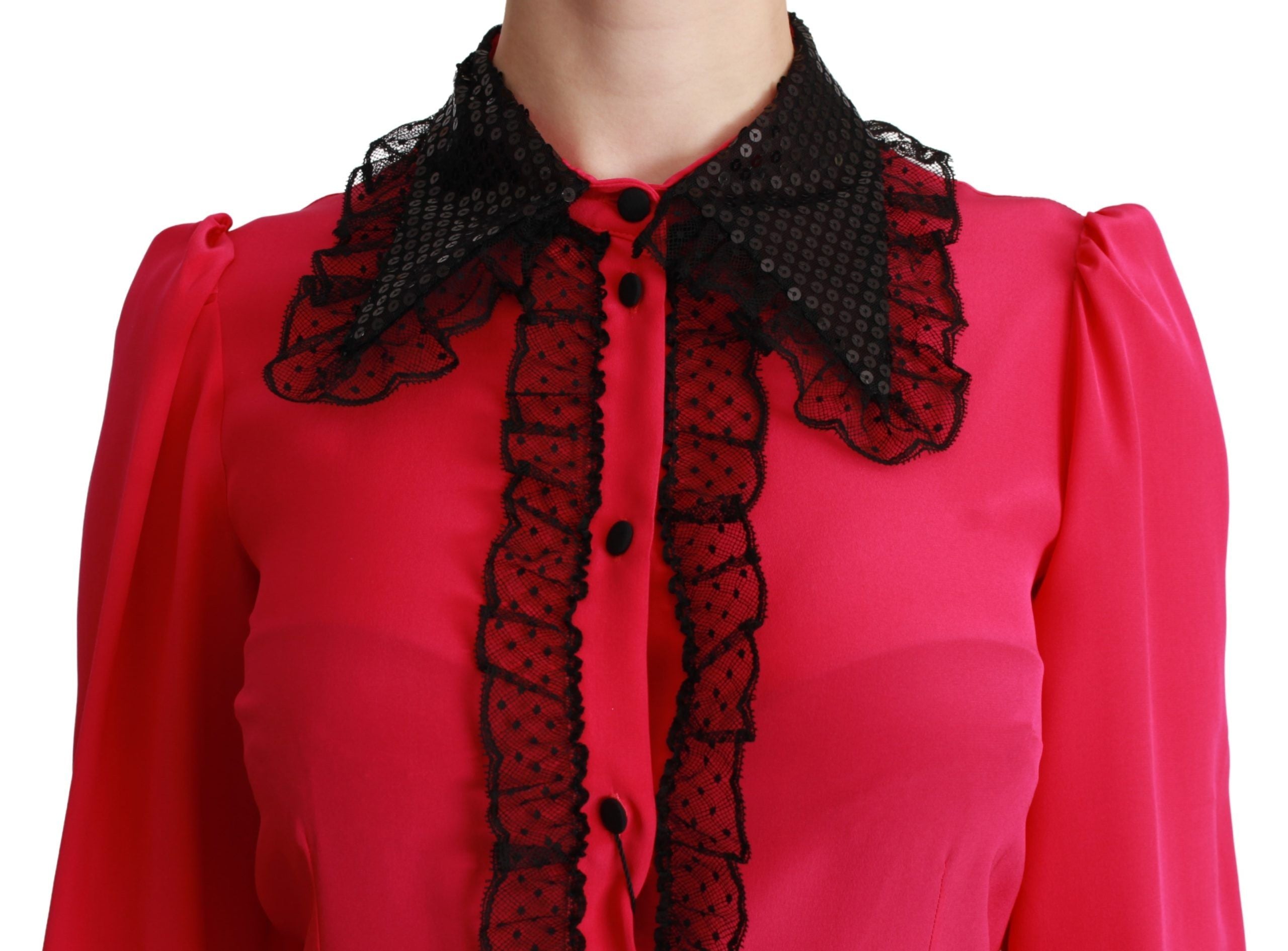 Pink silk lace blouse with black sequins from Dolce & Gabbana, featuring a stylish shirt design and elegant detailing.