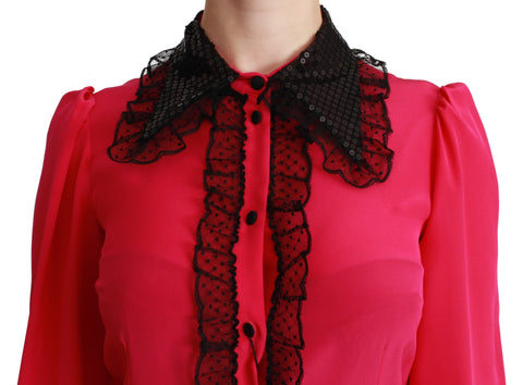 Pink silk lace blouse with black sequins from Dolce & Gabbana, featuring a stylish shirt design and elegant detailing.