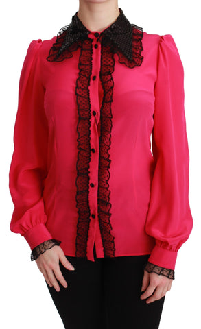 Pink silk blouse with black sequin lace accents, stylish shirt from Dolce & Gabbana featuring elegant detailing.