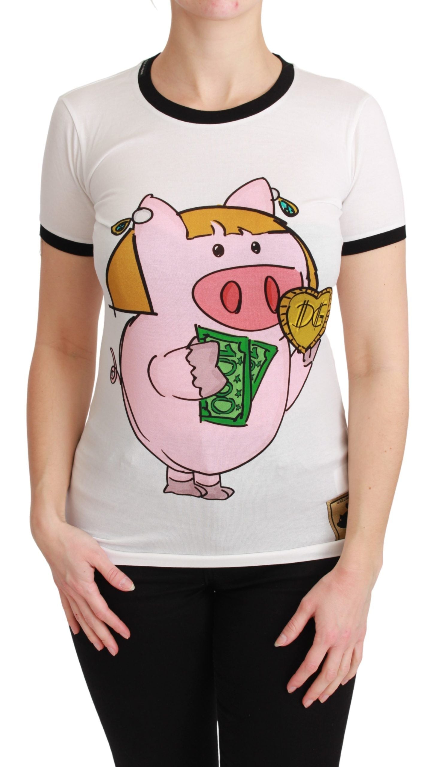 White Dolce & Gabbana Year of the Pig cotton T-shirt featuring a printed pig design on the front.