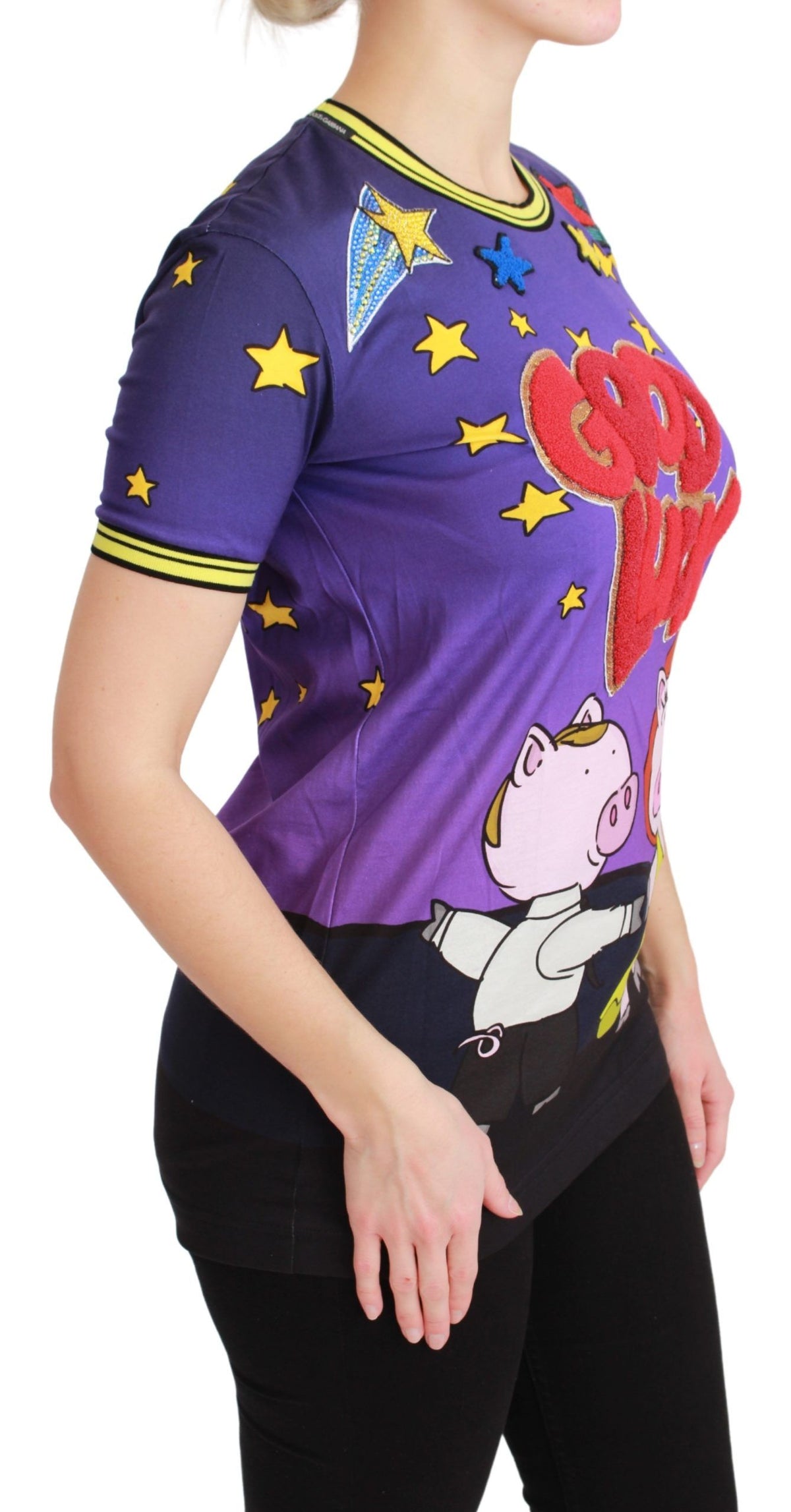 Purple cotton T-shirt featuring Year of the Pig graphic from Dolce & Gabbana, with a relaxed fit and vibrant design.