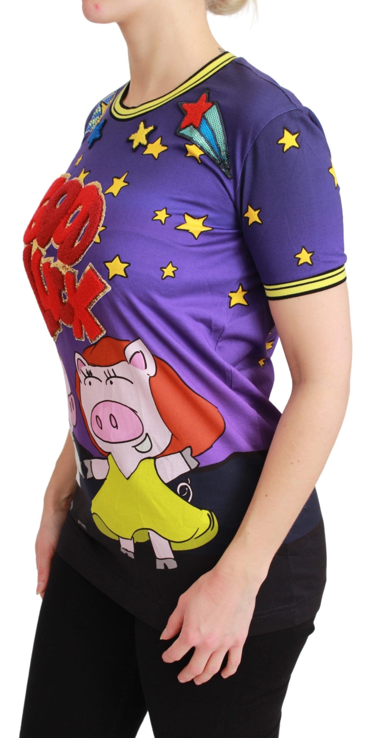 Purple cotton T-shirt featuring Year of the Pig graphic by Dolce & Gabbana, casual wear with vibrant design.