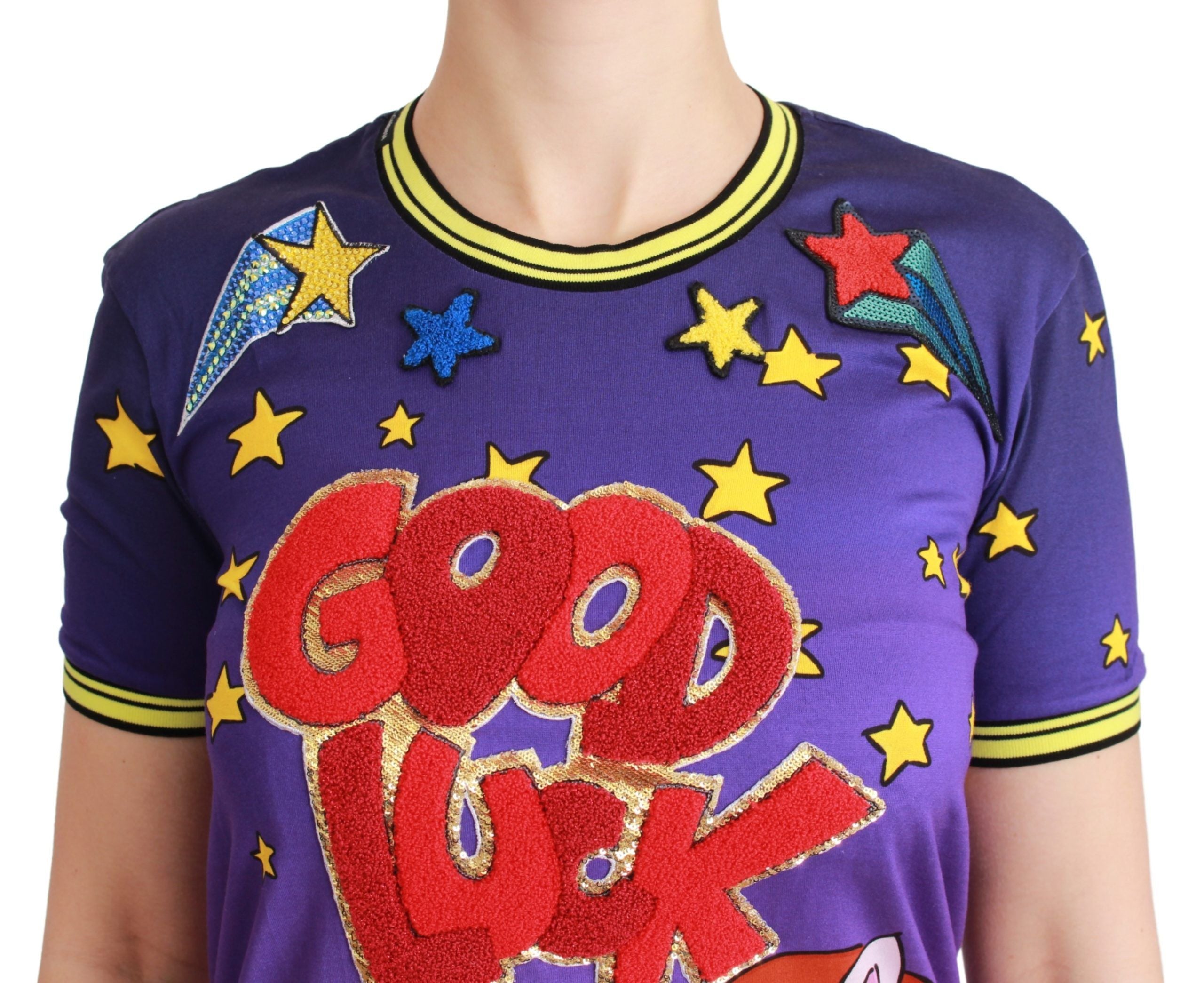 Purple cotton T-shirt featuring Year of the Pig design from Dolce & Gabbana, casual wear with a vibrant, artistic print.