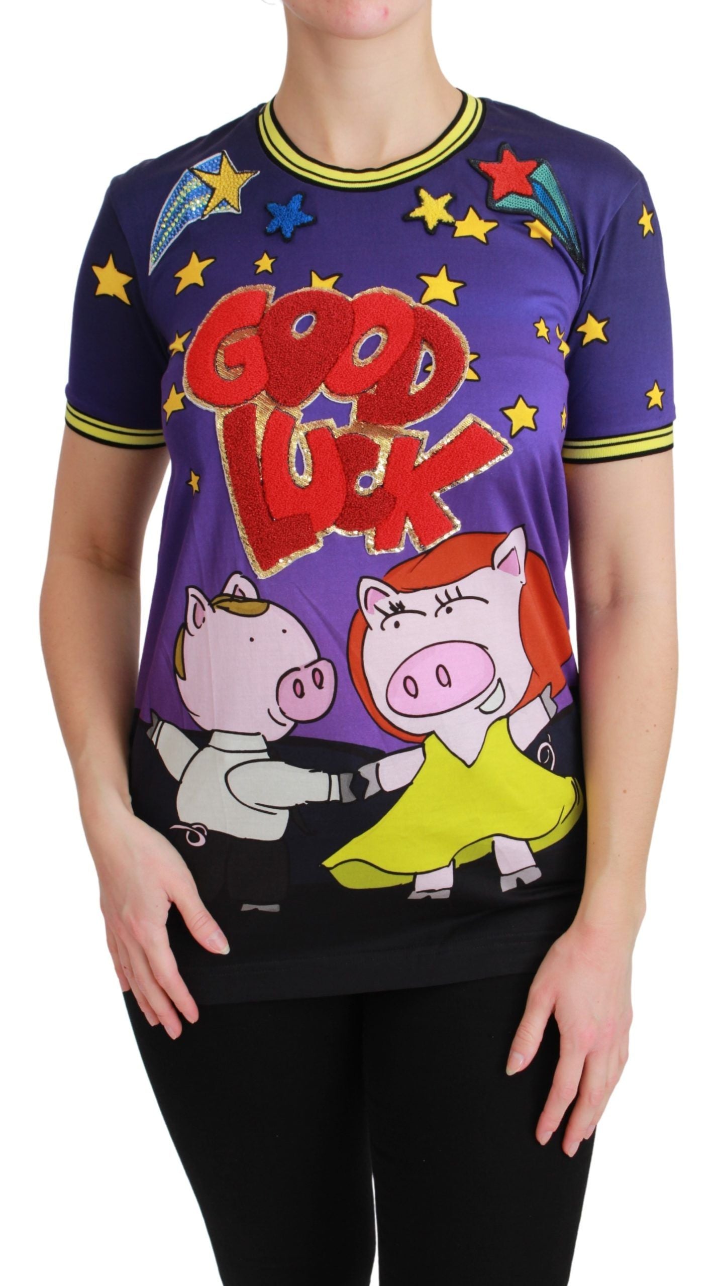 Purple cotton T-shirt featuring Year of the Pig design by Dolce & Gabbana, casual style, with a round neckline and graphic print.