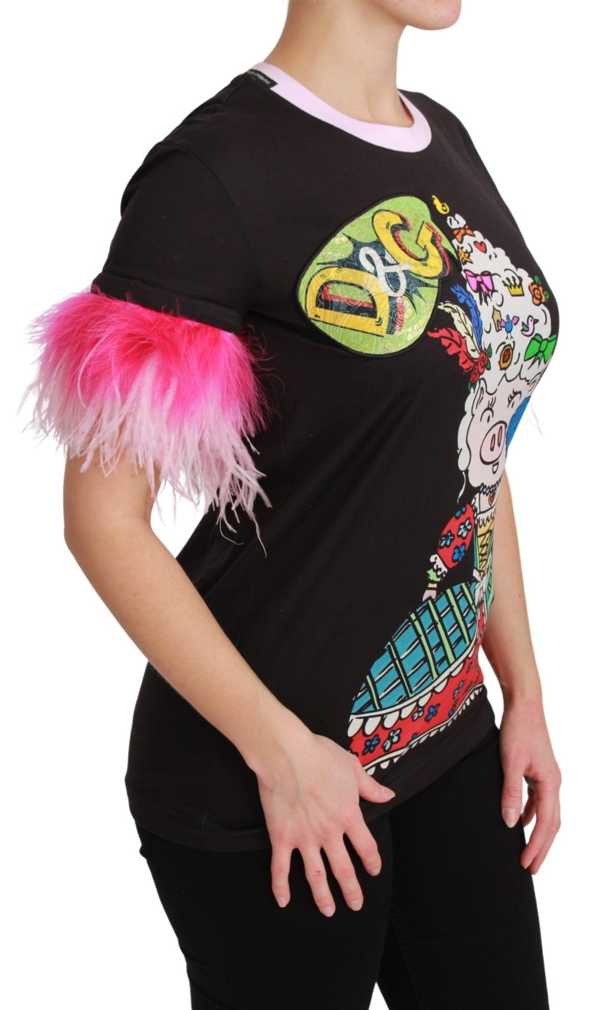 Black Dolce & Gabbana Year of the Pig cotton T-shirt featuring a graphic design on the front.