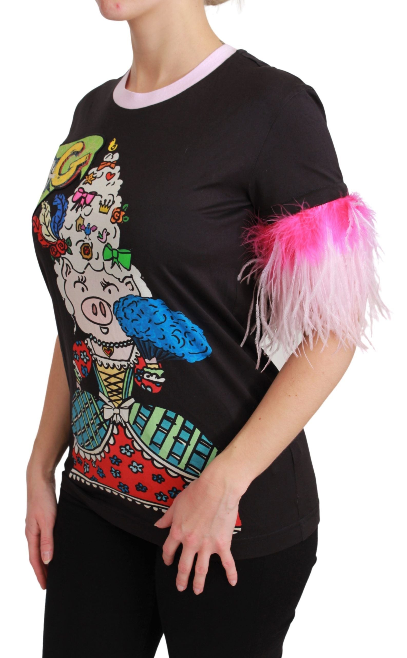 Black Dolce & Gabbana Year of the Pig cotton T-shirt with graphic print and round neckline.