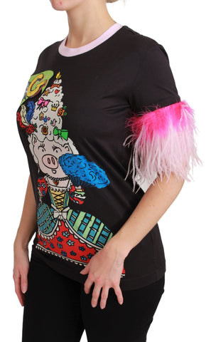 Black Dolce & Gabbana Year of the Pig cotton T-shirt with graphic print and round neckline.