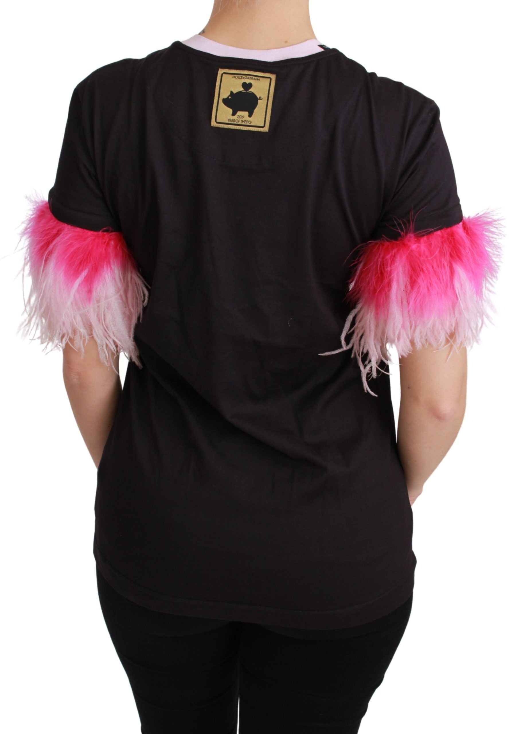 Black Dolce & Gabbana Year of the Pig cotton T-shirt with graphic print and round neckline.