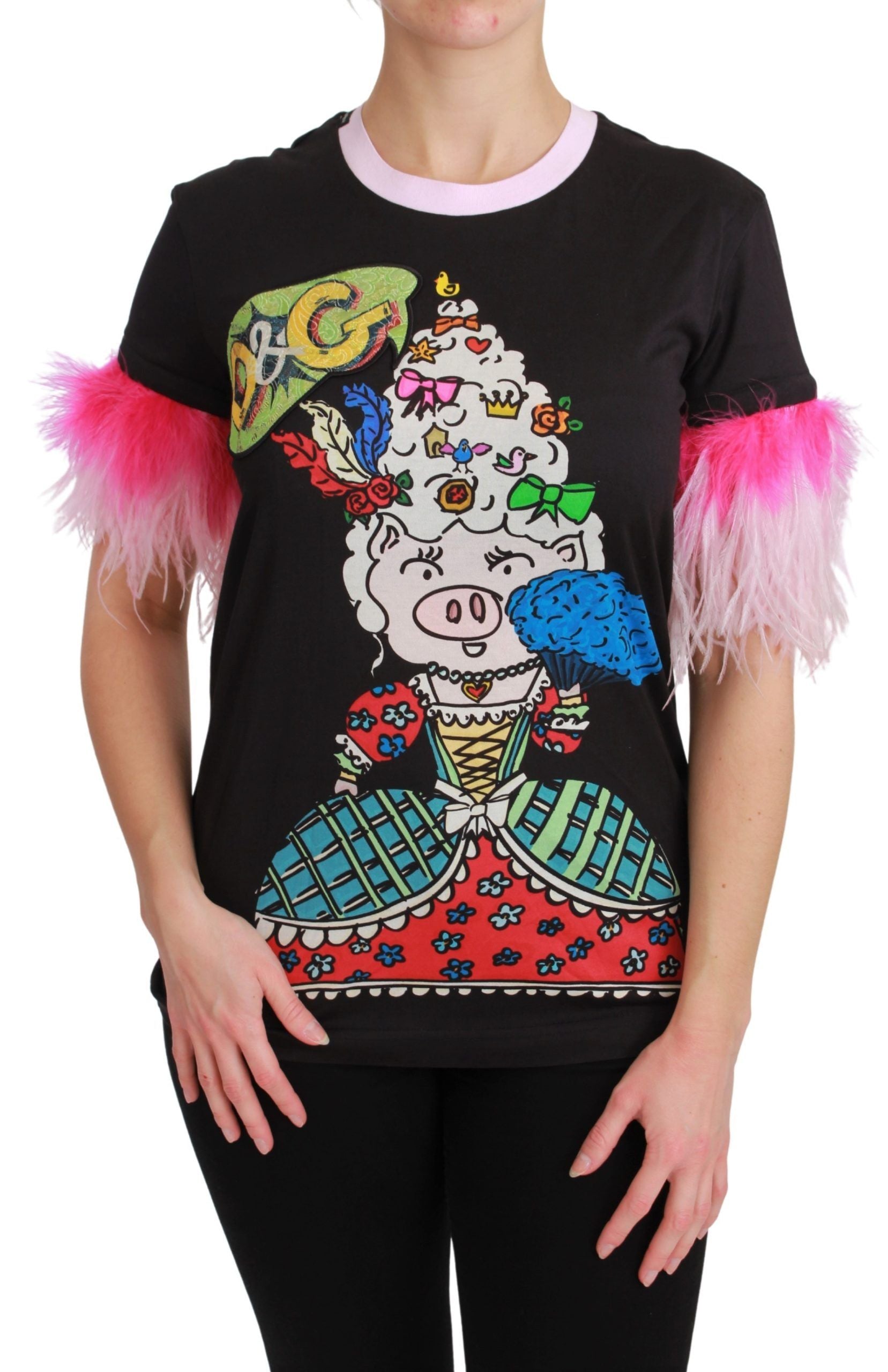 Black Dolce & Gabbana Year of the Pig cotton T-shirt featuring a printed pig graphic on the front.