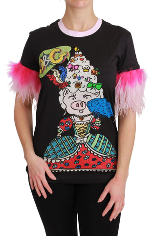 Black Dolce & Gabbana Year of the Pig cotton T-shirt featuring a printed pig graphic on the front.