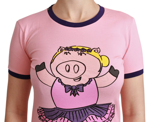 Pink Dolce & Gabbana Year of the Pig cotton T-shirt with graphic print, casual short-sleeve top for women.