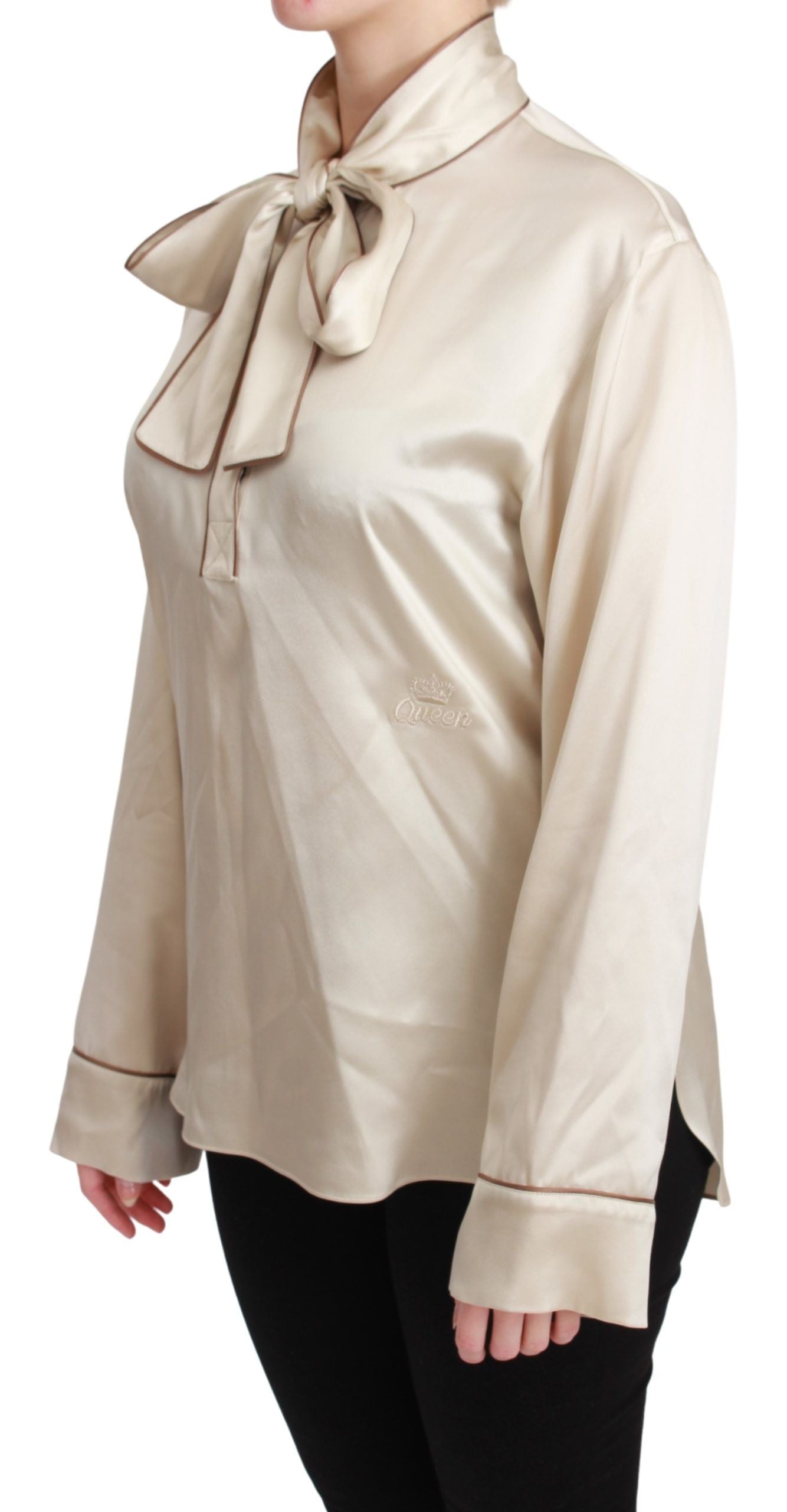 Beige silk satin blouse with long sleeves from Dolce & Gabbana Queen Sleeve Top collection.