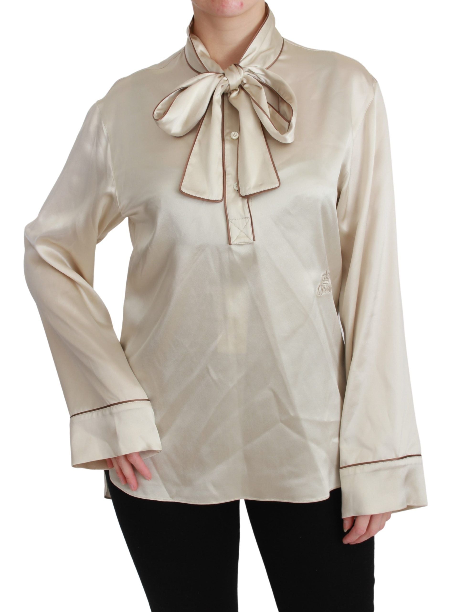 Beige silk satin blouse with long sleeves from Dolce & Gabbana Queen Sleeve Top collection.