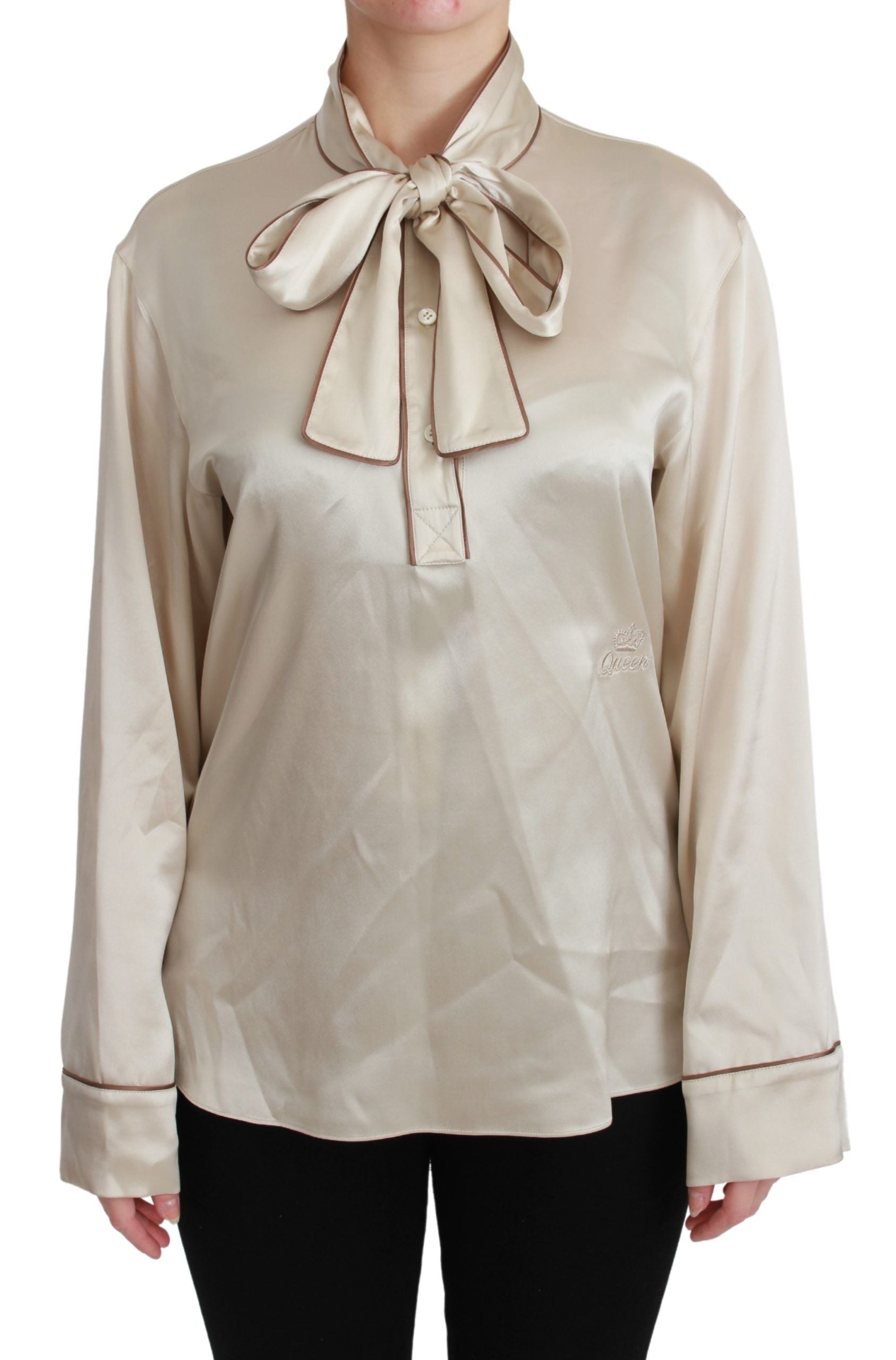 Beige silk satin blouse with long sleeves from Dolce & Gabbana Queen collection, stylish and elegant top for women.